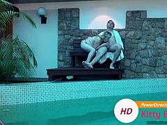 Blonde wife caught fucking boss by the pool