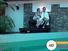 Blonde wife caught fucking boss by the pool