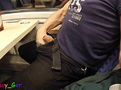 On the moving train, this shaved amateur guy in reality public setting gets horny and attempts his third cumshot of the day with big cock solo gay action. Unfortunately interrupted before the station arrives.