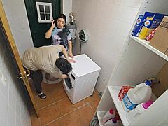 omg, i'm pounding this latina maid with big tits and pierced nipples on the laundry machine 😏 wet pussy blowjob and missionary action!!