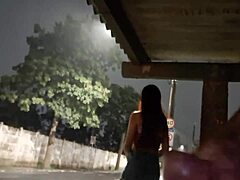 risky outdoor masturbation at the bus stop for a hot redhead