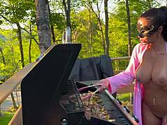 Step-Mom Fucked Hard in Outdoor Kitchen Pov While Cooking with Milf Tits Exposed