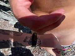 this hot brunette picks up a stranger on the public beach and they go at it with deepthroat and sloppy sex