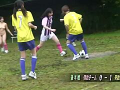Asian girls outdoor football game के लिए naked हो गईं