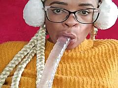 Latina Housewife Flashes Hairy Beaver and Swallows Dildo Deep