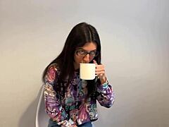 this nerdy brunette with glasses in public turns wild, riding cowgirl rough then getting facial cum on her face like a true nympho