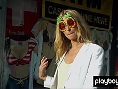 This busty Australian blonde beauty Lisa Seiffert strips naked outdoors, revealing her shaved skinny body and hairless pussy in softcore poses.