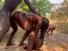 black ebony threesome with big ass bent over doggystyle fucking from river to mountain top