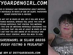 Dirtygardengirl in silver dress fists pussy hard with extreme prolapse outdoors