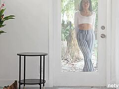 Fitness instructor shows off her perfect body on the sofa during casting. She bends over for intense amateur missionary sex.