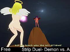 Angel and demon battle in erotic lesbian strip duel, tearing clothes off.