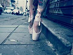Ballerina In Ballet Shoes Walking Down Street