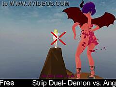 Angel and demon battle in erotic lesbian strip duel, tearing clothes off.