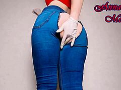 Pawg spanks huge ass in ripped jeans with medical gloves