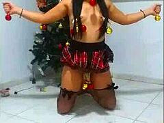 Bound slave gagged and sucking in christmas humiliation!