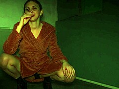 Amateur spits while smoking in high heels and dress. Fetish play includes feet and shoes in homemade voyeur video.