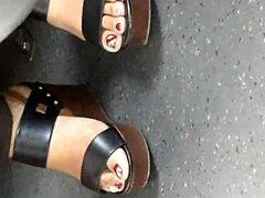 mature feet in candid wedges caught on hidden cam