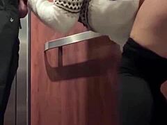 Horny couple got wild after bar with rough public blowjob and creampie fuck in hotel elevator.