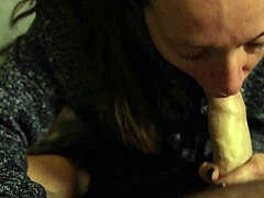 Watch her swallow that cum load? Brunette with blue eyes takes it in her mouth on the bed, wet and ready for more.