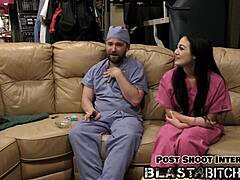 Blaire Celeste gives a blowjob in nurse outfit. Then her pussy gets blasted with cum behind the scenes.