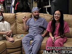 Blaire Celeste gives a blowjob in nurse outfit. Then her pussy gets blasted with cum behind the scenes.