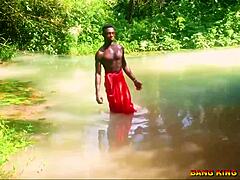 Fucking African whore hardcore by the stream with big dick