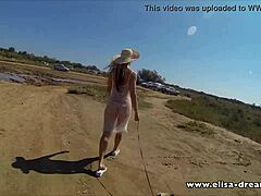 Bold flashing naked under see-through dress as blonde milf crossdresser goes public and outdoor