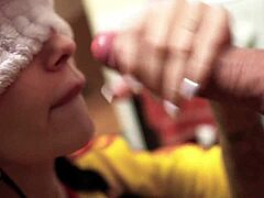 blindfolded brunette teases then deepthroats big cock for wet facial pov