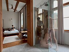 naughty horny blondes having group fuck in the shower