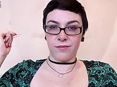 At the dinner party, the retainer turns into a blackmailed strapon bitch. She gets caught in roleplay and follows jerk off instructions.