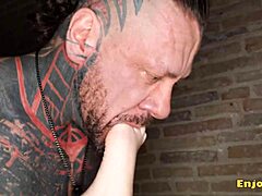 Tatted brunette deepthroats and licks ass before getting shaved pussy rimmed