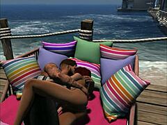 Geralyn Yorkiv seduces Nick Stone on the beach, fucking passionately with big cock and titty fuck.