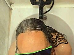 hot wife in streamy bath gives pov blowjob and handjob with fiery nails