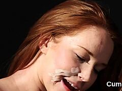 Naughty centerfold gets sperm load on her face swallowing all the sperm
