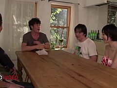 Yu Shinoda gives intense blowjob to two cocks in group sex for facial