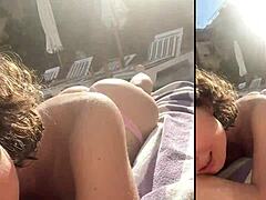 On the sun lounger, a beautiful bikini babe experiences hardcore action for the first time