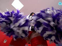 sexy brunette cheerleader in stockings masturbates with dildo in locker room